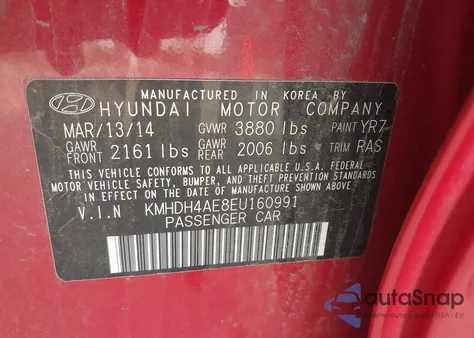 2014 Hyundai Elantra Se from USA, damaged, VIN KMHDH4AE8EU160991